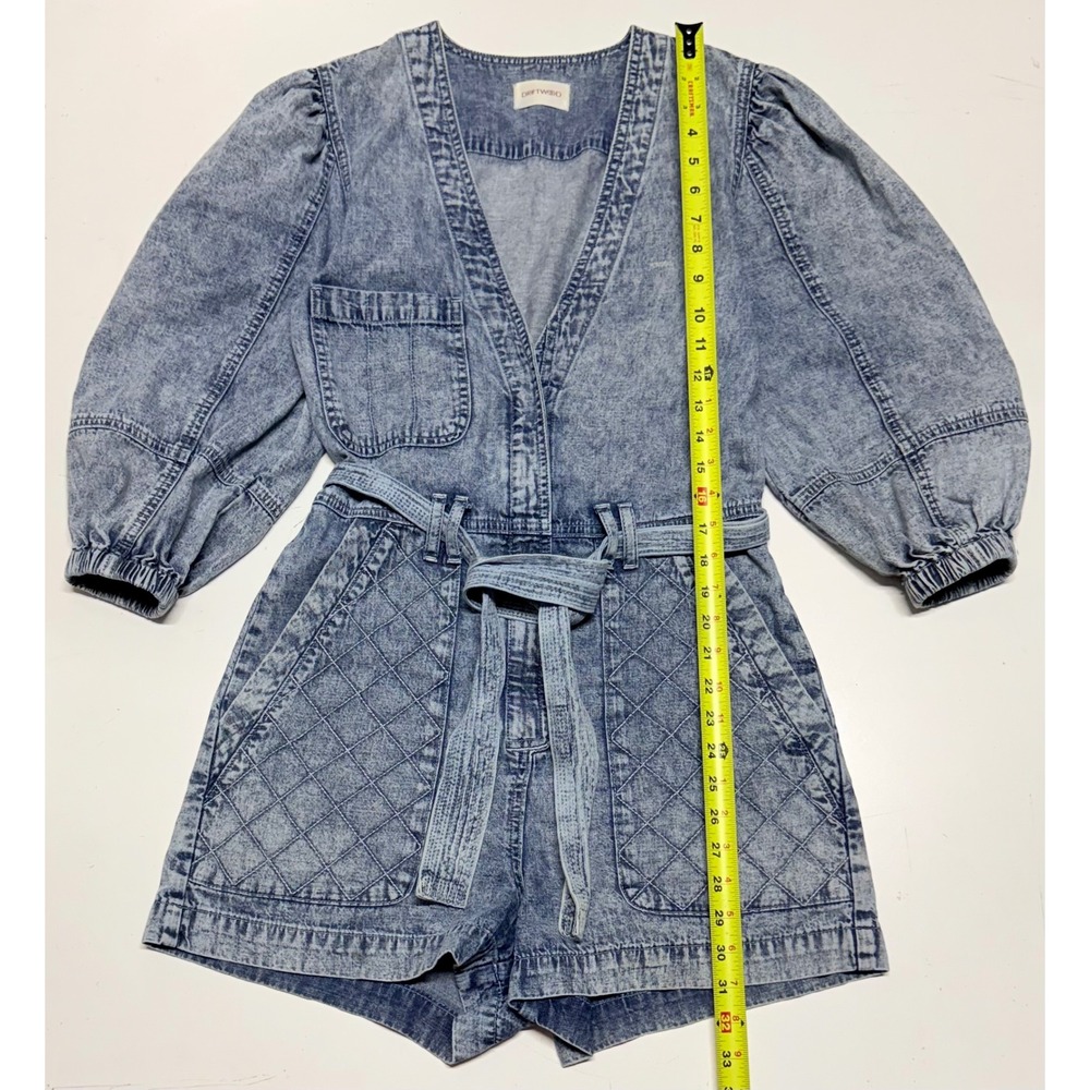 Driftwood Acid Wash Denim Romper Puff Sleeve Quilted Pocket Blue Small‎